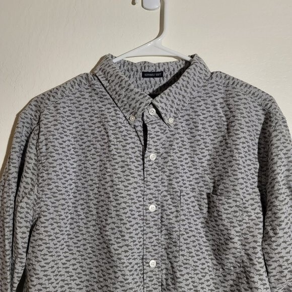 American Eagle AE Mens Seriously Soft Cotton Button Up Shark Gray Print sz L GUC - Picture 2 of 10